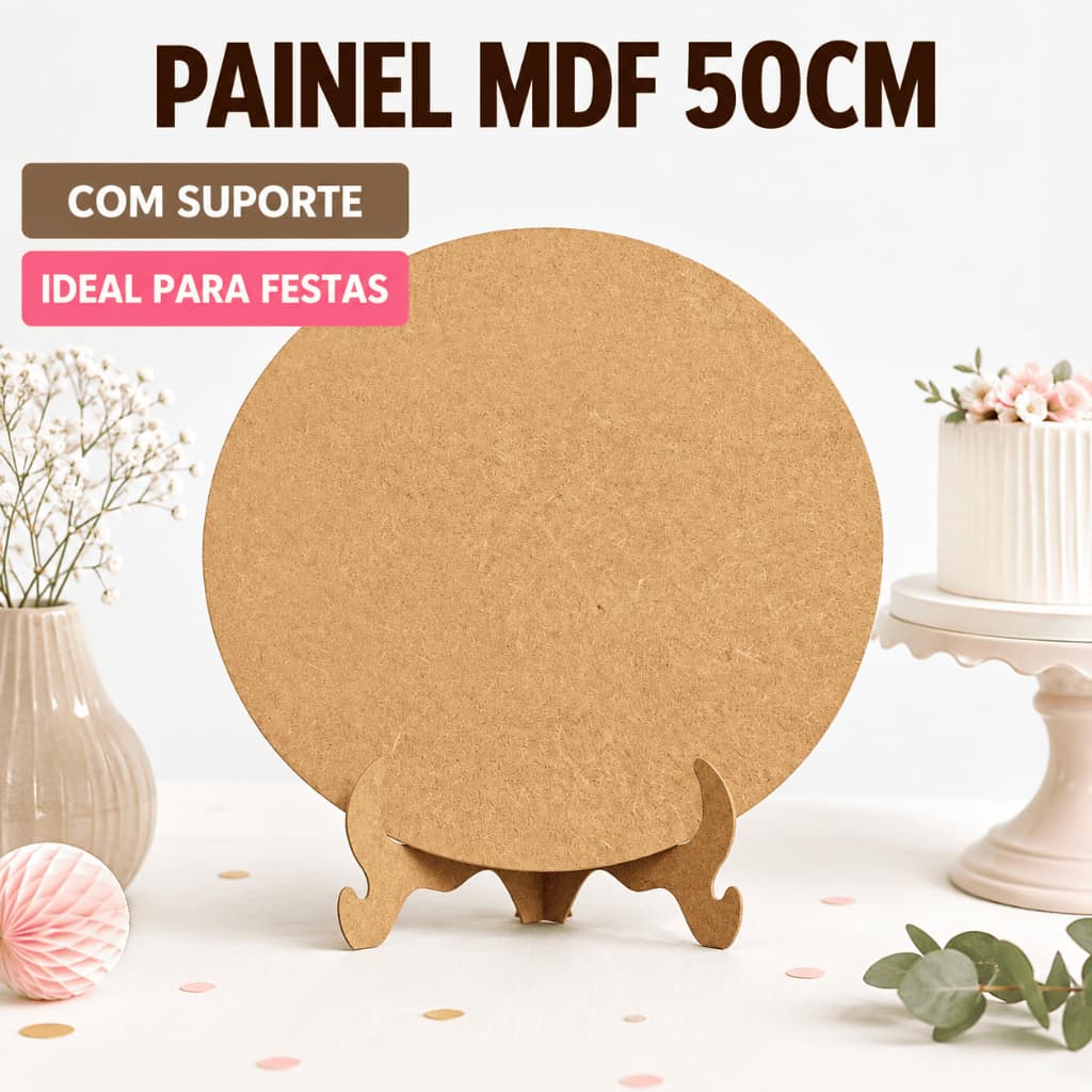 Painel Redondo MDF Cru 50cm Com Suporte Display Festa Aniversário Decoração Mesa