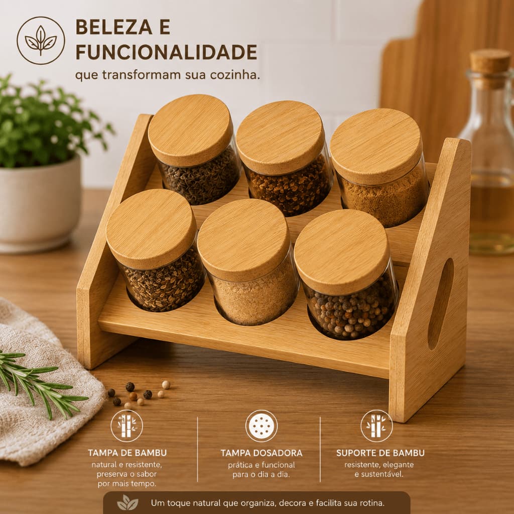 Kit 6 Porta Temperos Condimentos Hermético com Suporte de Bambu Potes Tempero Tampa Organizador para Cozinha
