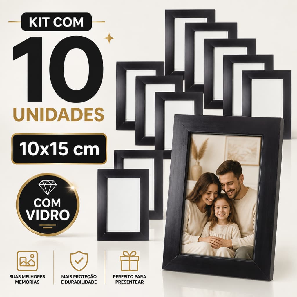 Kit 10 Porta-Retratos 10x15 cm Pretos em MDF com Vidro para Mesa e Decoração