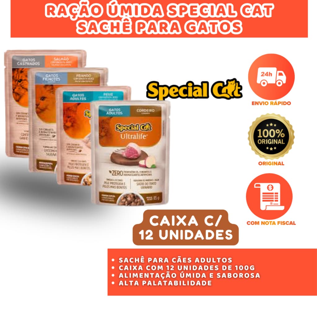 SPECIAL CAT SACHÊ PARA GATOS CAIXA COM 12 UN DE 85G NUTRIÇÃO COMPLETA E SABOROSA