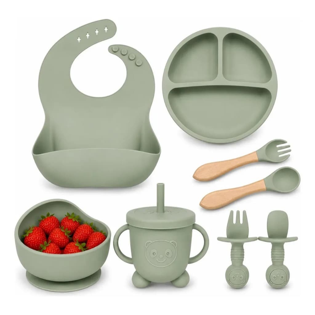 Kit Introdução Alimentar Bebê Silicone 8 Peças | Prato Ventosa | Babador | Copo | Talheres | Envio rápido