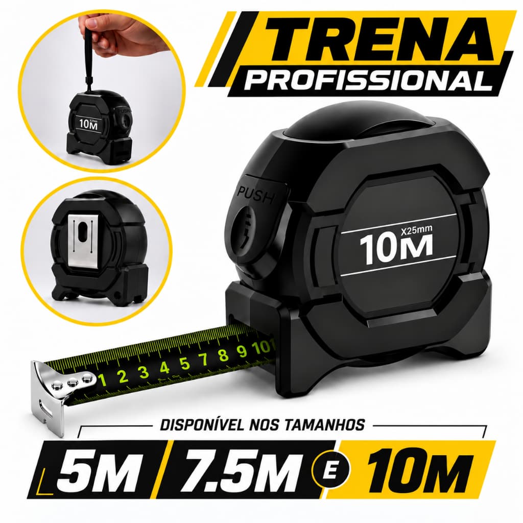 Trena Fita Métrica Profissional de 5/7.5/10 Metros Alta Precisão Aço Inoxidável Com Trava Automática