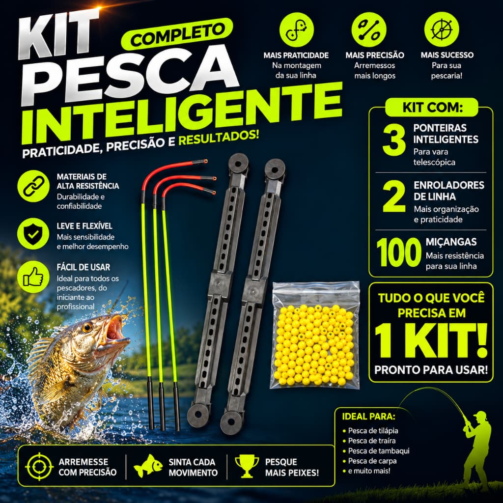 Kit Completo Pesca Vara Telescópica 3 Ponteiras 100 Miçangas 2 Enroladores
