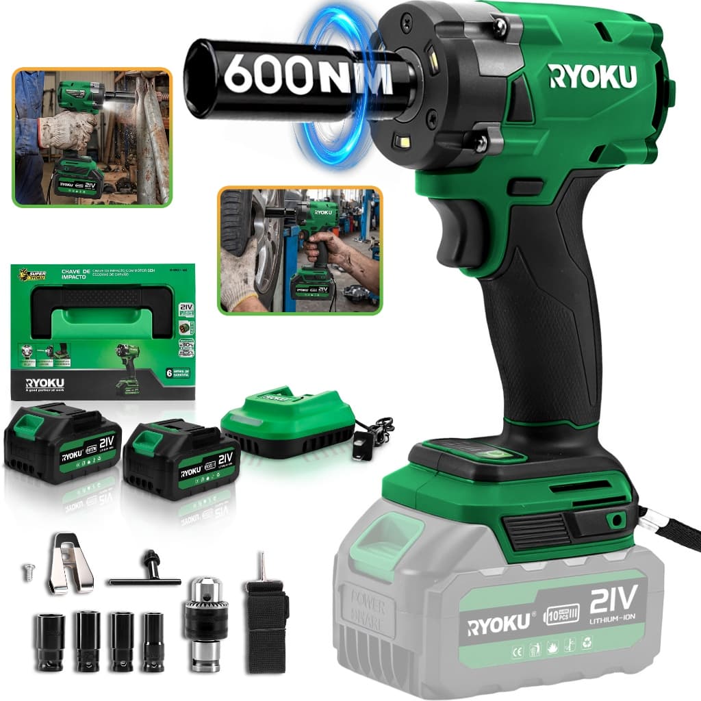 Chave De Impacto Brushless 600 Nm 2 Baterias 21v Sem Fio RYOKU Com Maleta