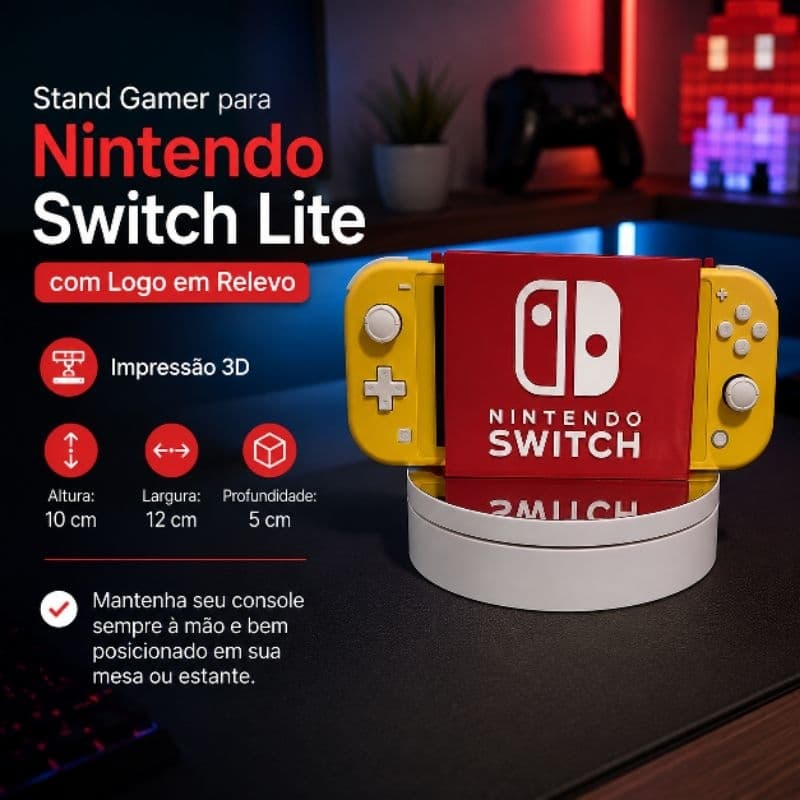 Stand Gamer para Nintendo Switch Lite com Logo em Relevo - Impressão 3D