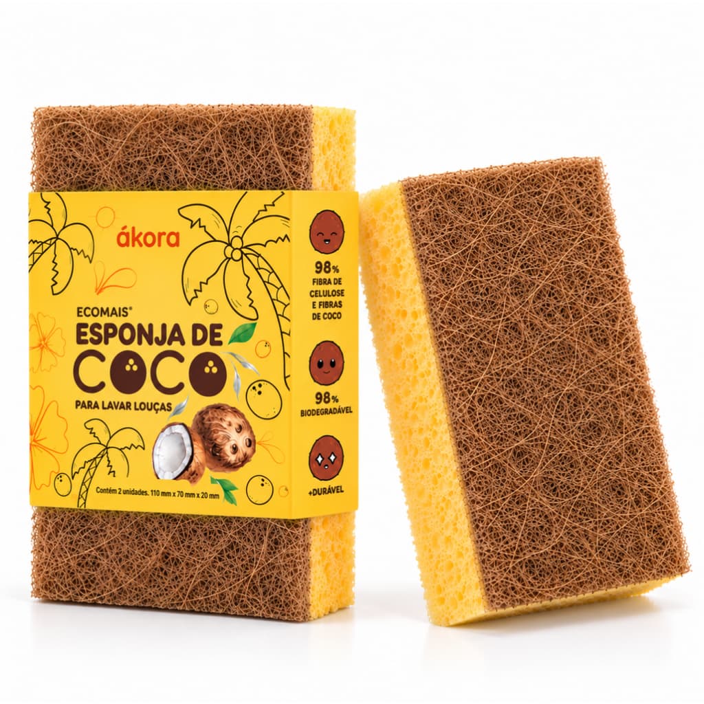 Ákora - Kit 2 Esponjas de Coco Fibra Natural, Biodegradável para Lavar Louças
