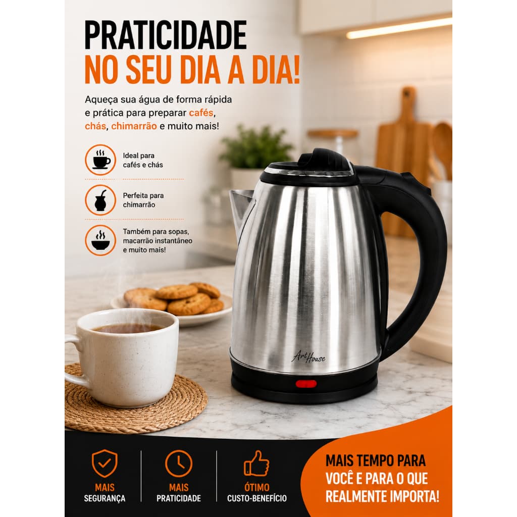 Chaleira Elétrica Inox 1,8L 220V-Aquecimento Rápido Desligamento Automático Fervedor de Água
