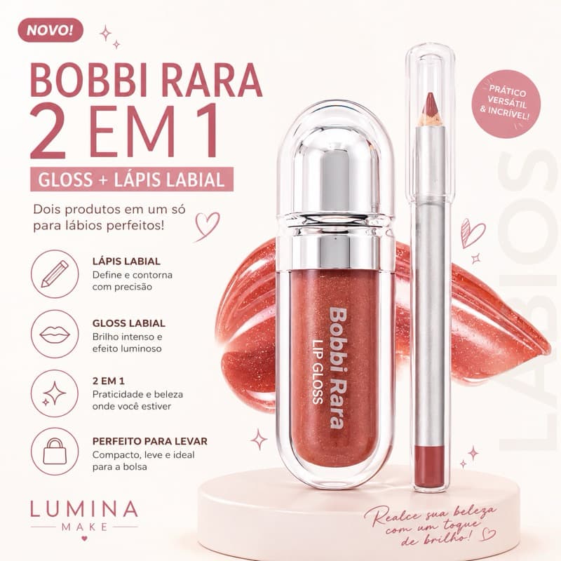 Bobbi Rara 2 em 1 – Gloss + Lápis Labial | Lip Gloss com Contorno Lábios perfeitos! Marrom Nude