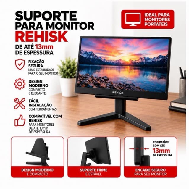 Suporte Monitor Slim Rehisk Segunda Tela até 13mm