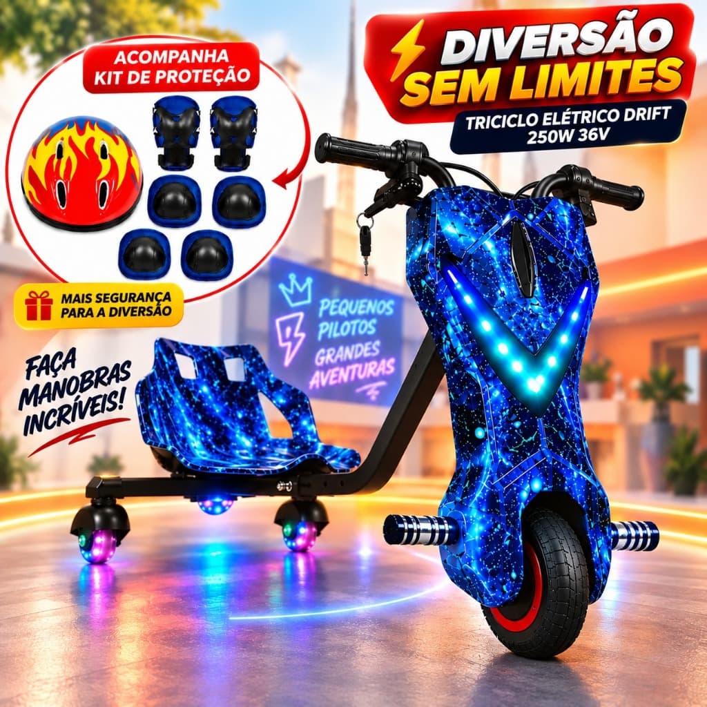 Triciclo Infantil Elétrico Drift 3 Velocidades 250w 36v Bluetooth + Kit de Segurança