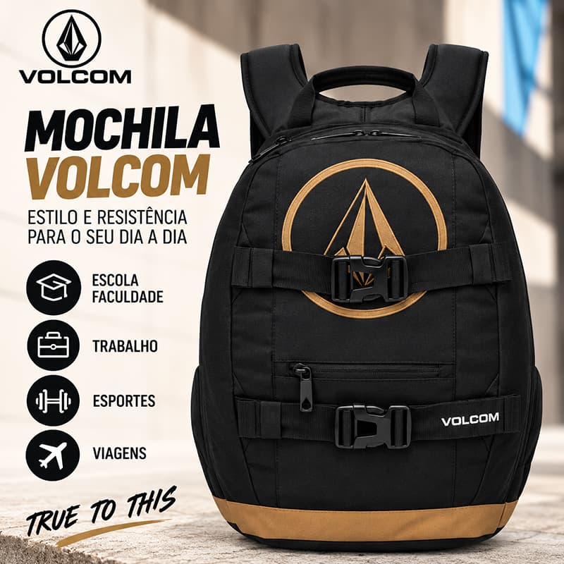 Mochila Volcom Masculina Escolar Faculdade Viagem Reforçada 20L
