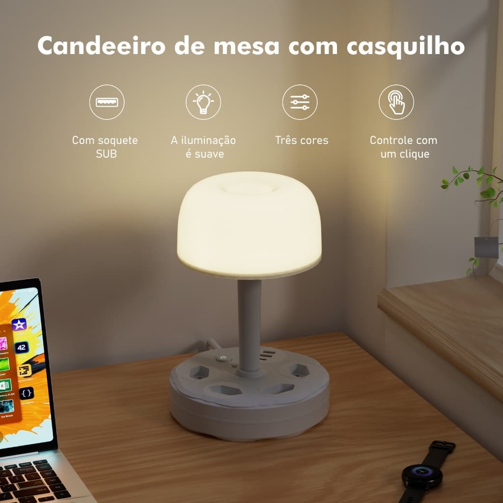 Luminária de Mesa 2em1 Régua de Energia 4 Tomadas +2USB+Tipo‑C Luz 3 Cores Proteção Olhos 10A 250V Quarto Escrivaninha