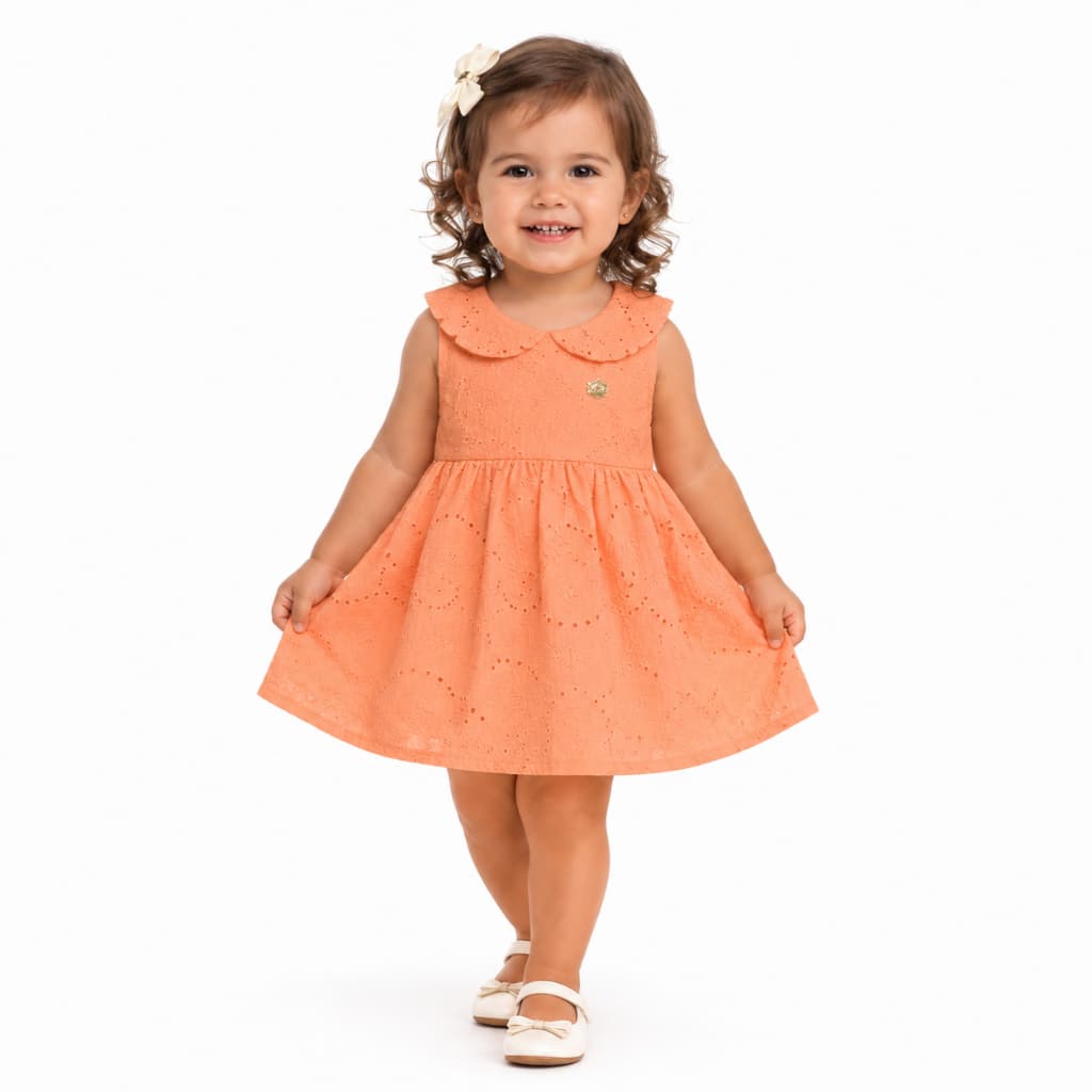 Vestido Infantil Menina Social Festa Coral em Laise Delicado Elegante para Aniversário P ao 03Batizado