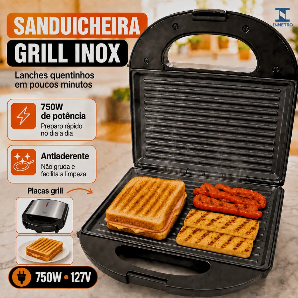 Sanduicheira Elétrica Luxe Grill Inox Antiaderente 750w 2 Em 1 Termostato Automático Compacta Chapa