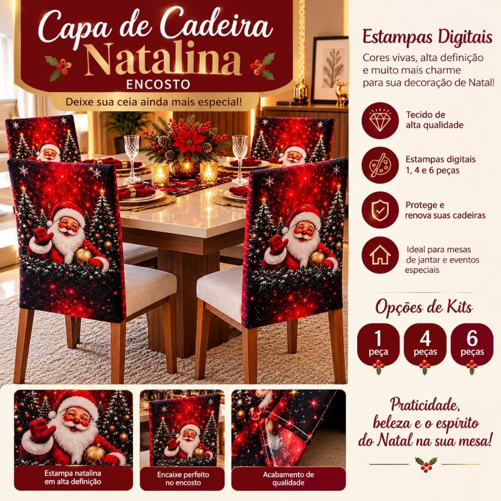 Capa Encosto para cadeira Natalina e Ano novo avulsa ou kit com 4 e 6 peças malha gel.