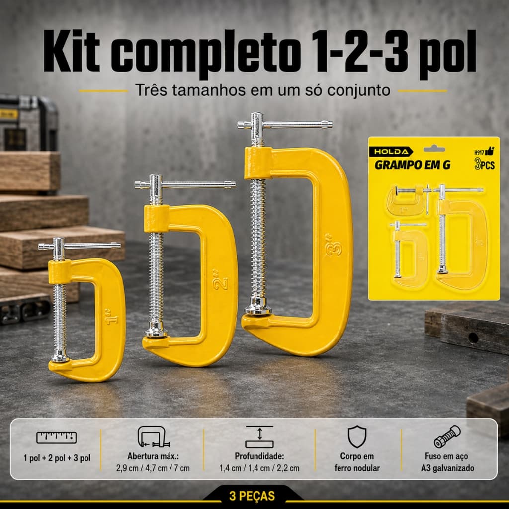 Eletromex Kit Grampo em G 3pcs 1-2-3 Polegadas Manípulo T Ajuste Rápido Aperto Forte Marcenaria Reparos Montagem Móveis