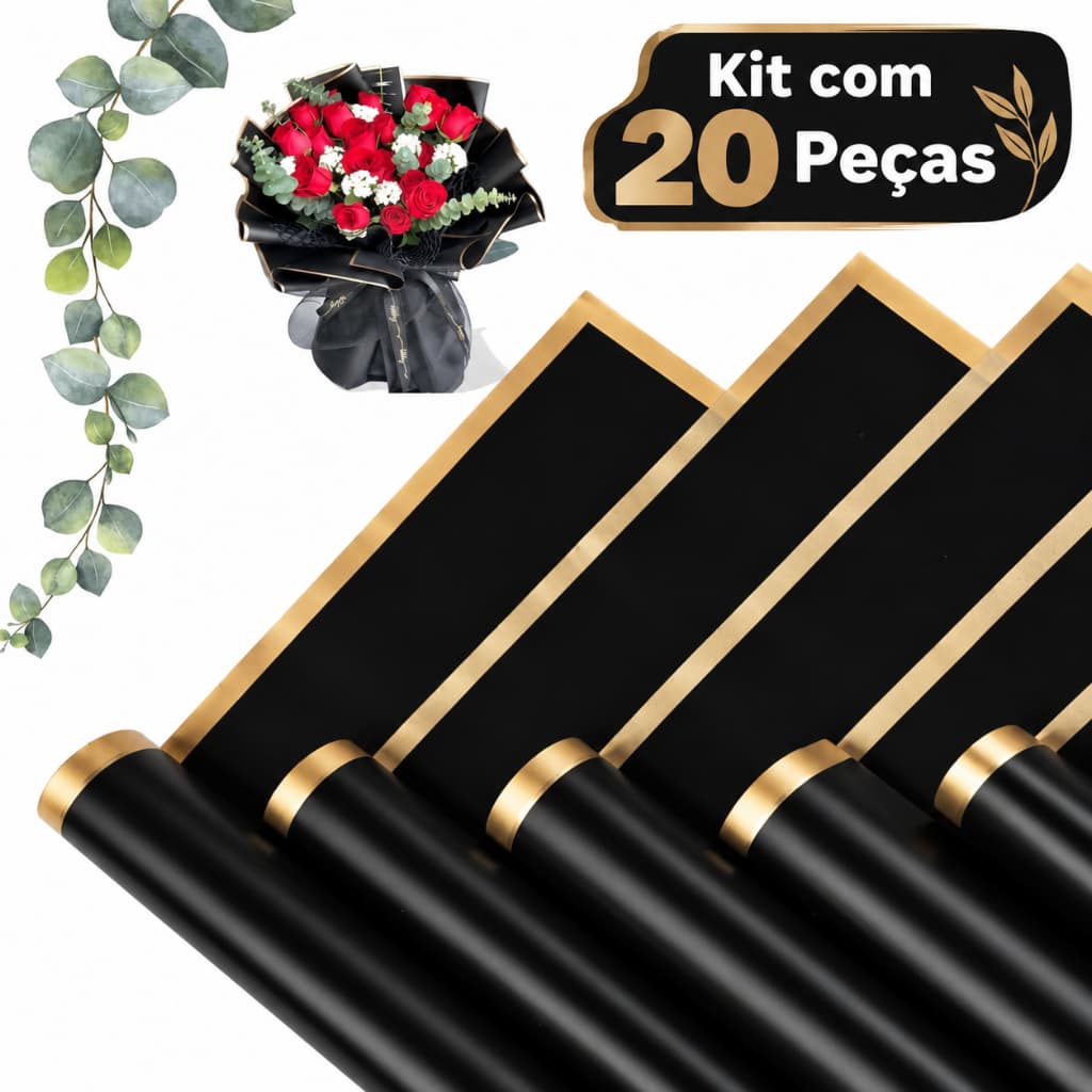 Kit 20 Folhas Papel para Buquê 56x54cm Preto Floral, Embalagem para Flores, Floricultura e Presentes