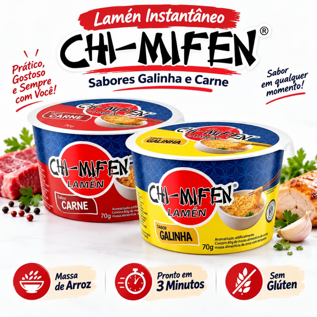 Kit 2 Macarrão Instantâneo Chi-Mifen 70g Lamén de Arroz Sem Glúten Sabor Galinha ou Carne Pronto em 3 Minutos