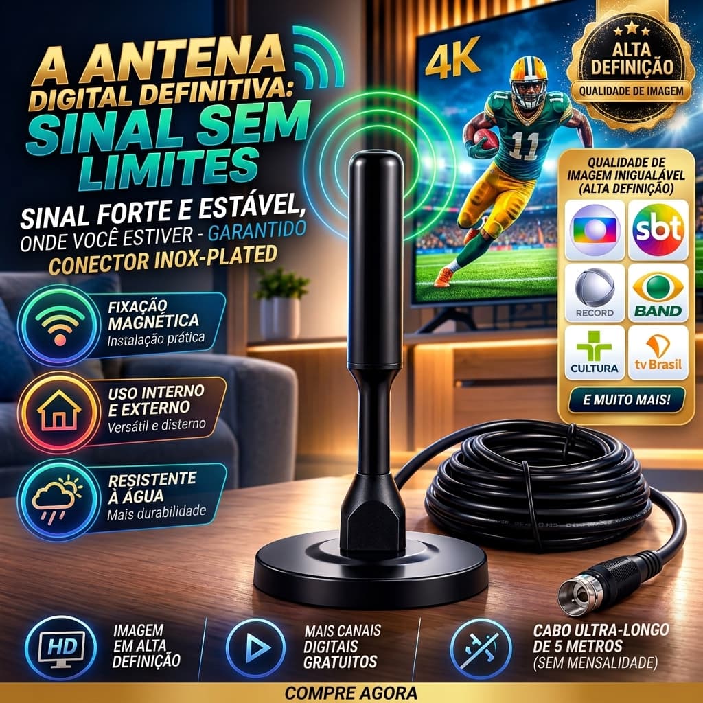 Antena Digital HDTV Digital UHF VHF FM para TV Interna e Externa com Cabo de 5 Metros e Base Magnética