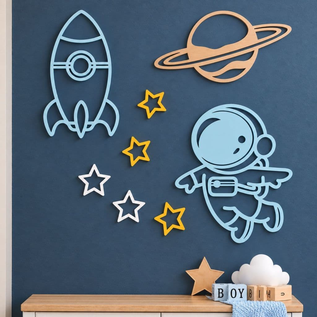Decoração Parede Astronauta Em Relevo Quarto Menino Premium