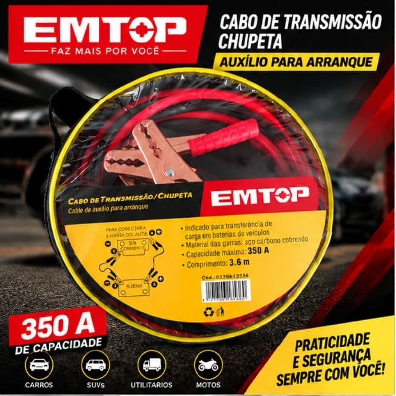 Cabo Chupeta EMTOP 350A 3,6m – Auxiliar de Partida para Bateria | Cabo de Transmissão Reforçado