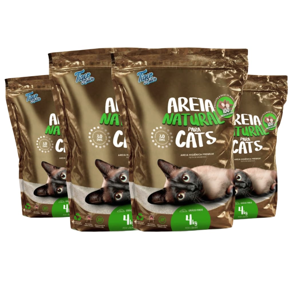 Areia Higiênica Biodegradável Tiger Cats 16Kg (4 pacotes de 4 kg) - Mandioca - Grãos finos