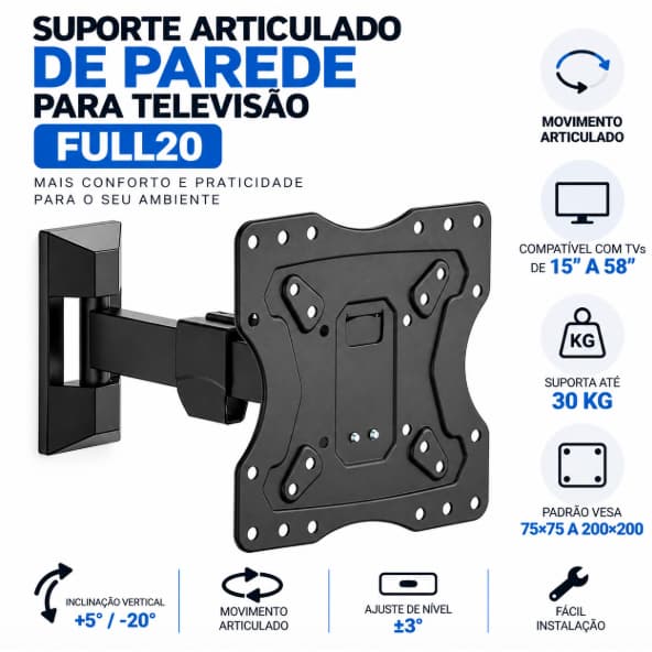 Suporte Articulado TV ELG FULL20 Parede para Televisão LED LCD Smart TV 10 a 55 Polegadas