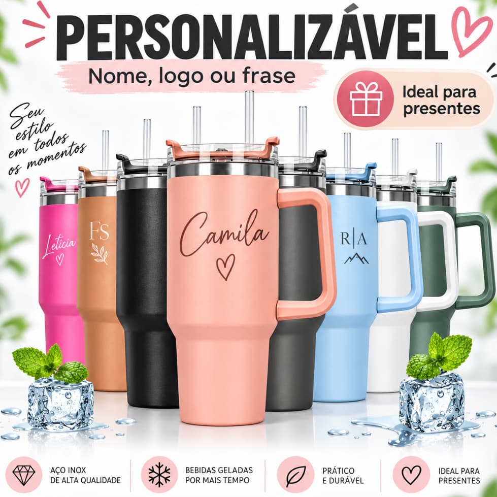 Copo Térmico Personalizado 1200ml Inox com Nome | Alça, Tampa e Canudo | Presente Personalizado