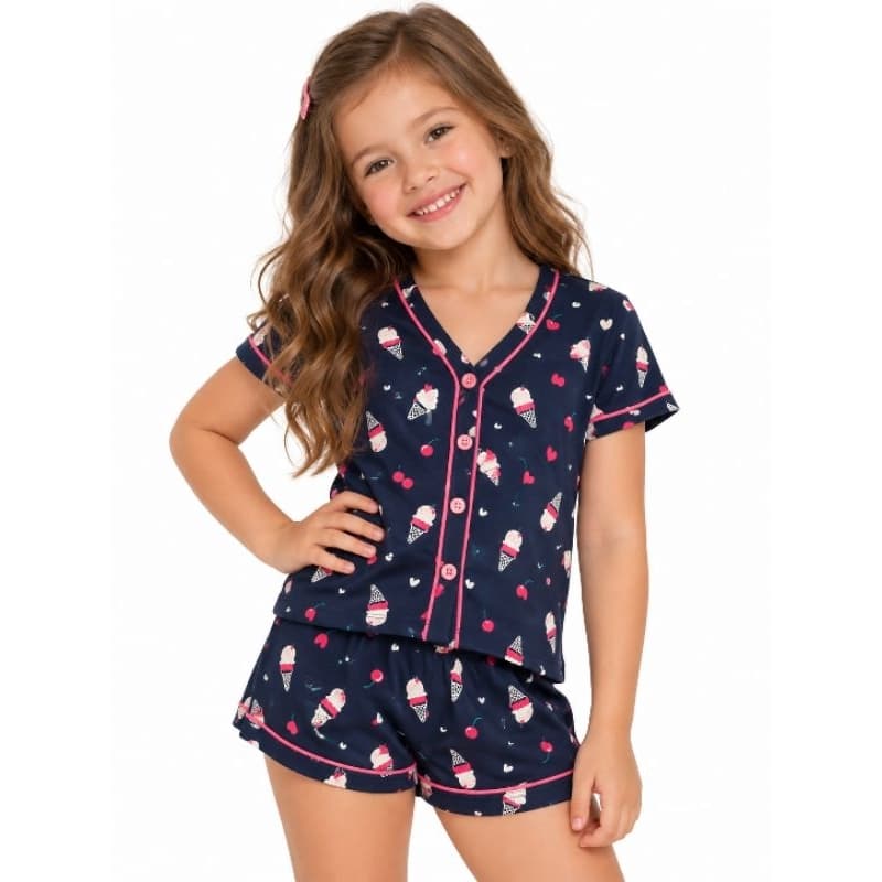 Pijama Americano infantil com botões e manga curta  e chortinho O Pijama Fashionista das Blogueirinhas✨📸