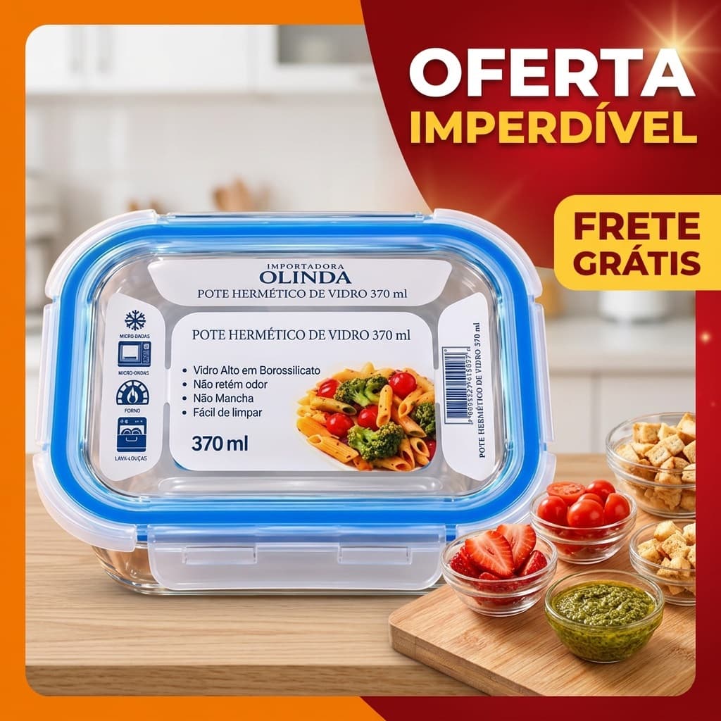Pote Hermetico Retangular Vidro 370ml Vedacao Segura Organizador Armazenamento Alimentos