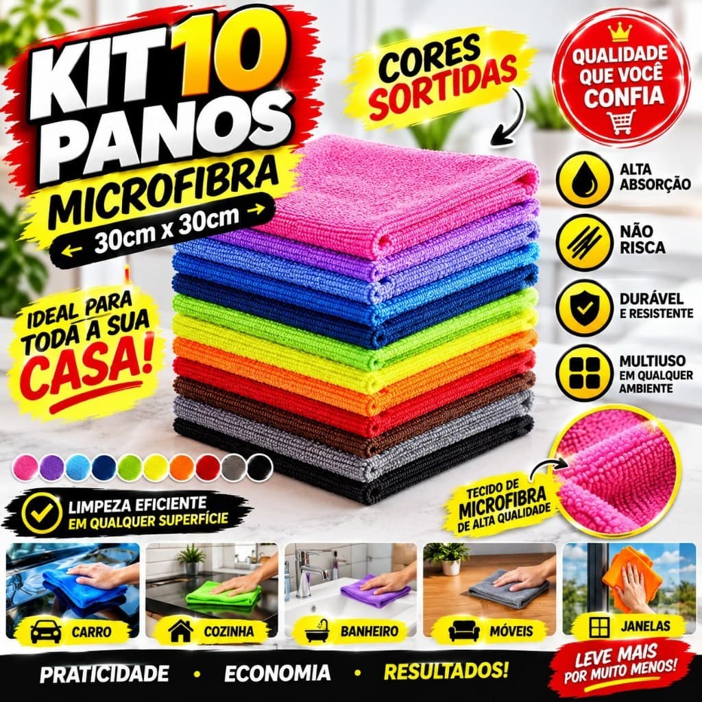 Kit 10 Panos de Microfibra 30cm x 30cm Multiuso Limpeza Carro e Casa