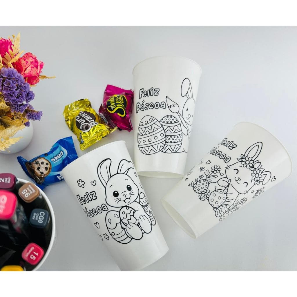 50 Copos Brindes PÁSCOA - Copos para criança colorir tema PÁSCOA