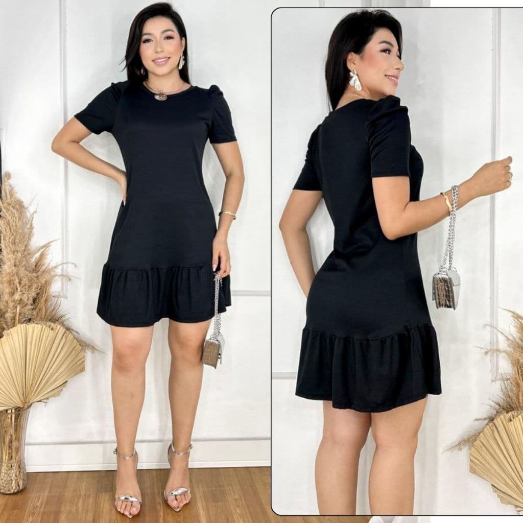 Vestido Malha Ribana Canelada Feminino Soltinho Babado Manga Princesa Confortável Casual Elegante Tendencia Vestidinho
