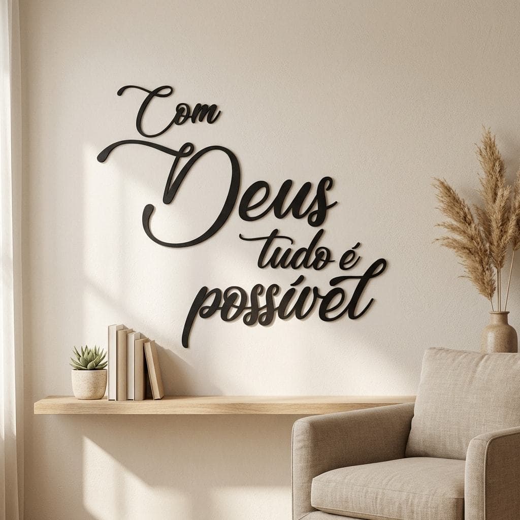 Frases de Parede Com Deus Tudo É Posivel Decoração Mdf Preto Adesivo