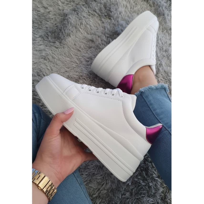 Tênis Feminino Casual Plataforma Flatform Branco Traseirinha Pink Promo