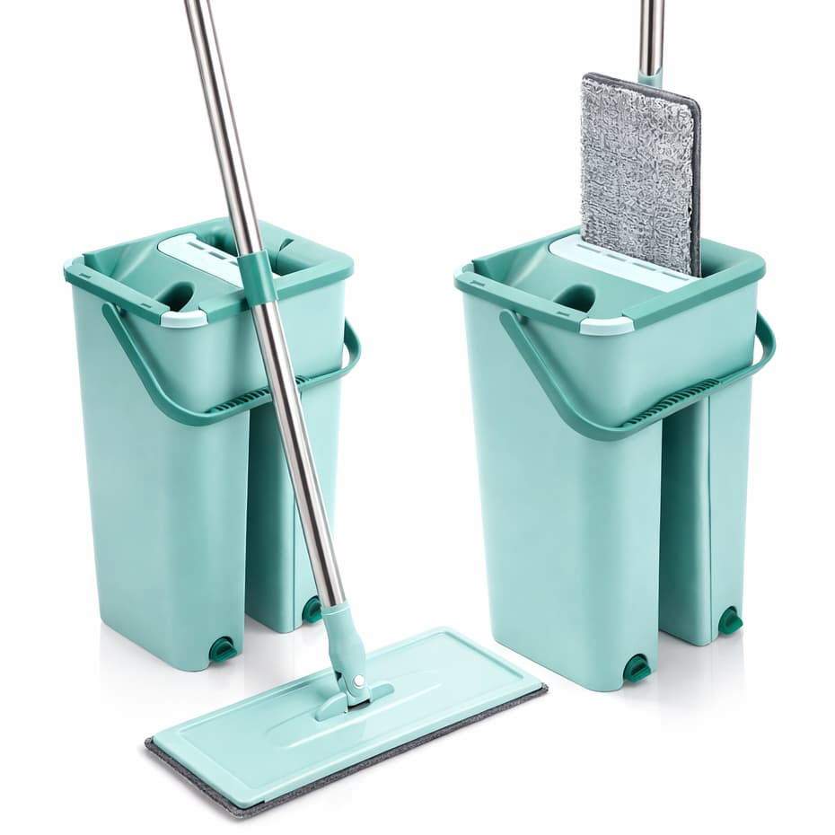 Mop Flat Esfregão Com Balde 5L Rodo Mágico Limpa Lava Seca Tira Pó + 2 Refis Microfibra