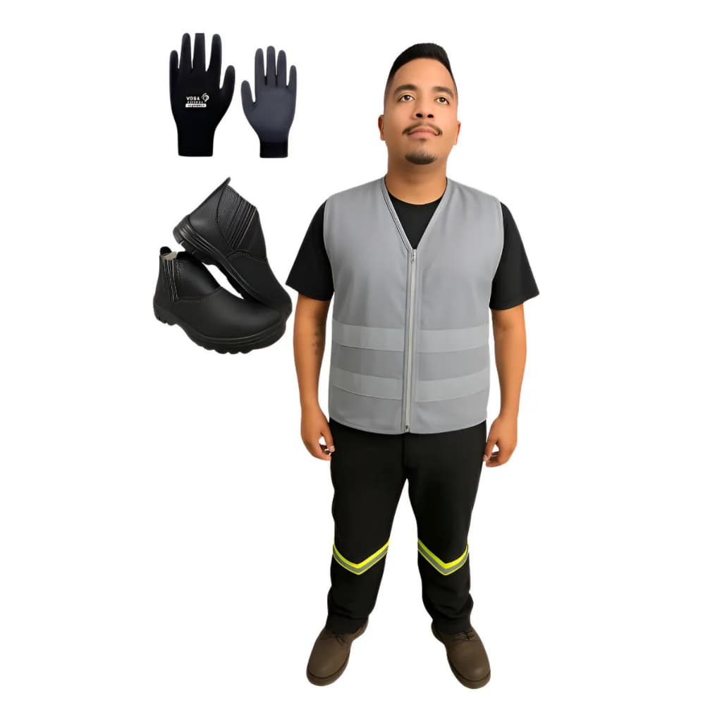 Kit Epi para logistica Shopee com colete cinza + luva pu preta + botina