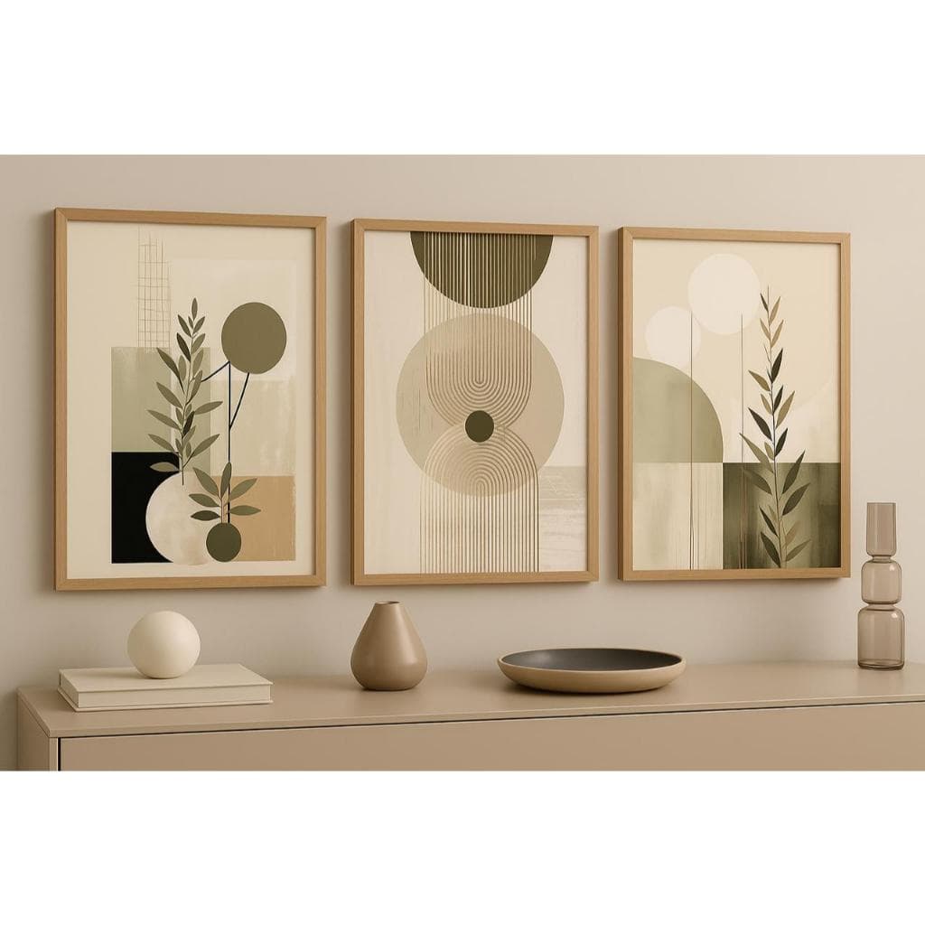 Quadros Decorativos 3 Peças Folhas Abstratas Geométrico Trio Folhagem Decoração Moderna Sala