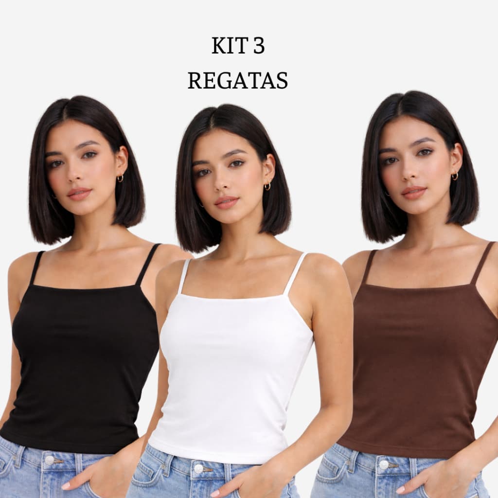 Kit 3 Blusas Regata Feminina de Alcinha Suplex Premium Alça Fina Forro Duplo Moda Basic Blusinhas Basica Verão