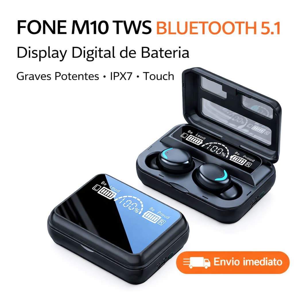 Fone Bluetooth M10 TWS 5.1 Sem Fio IPX7 Led Touch Power Bank Graves Potentes Android iOS Preto