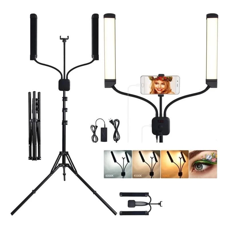 Ring Light 45W com Braços Duplos + Tripé1.8m | Luz Bicolor 3000K-5600K para Maquiagem, Live e Fotografia