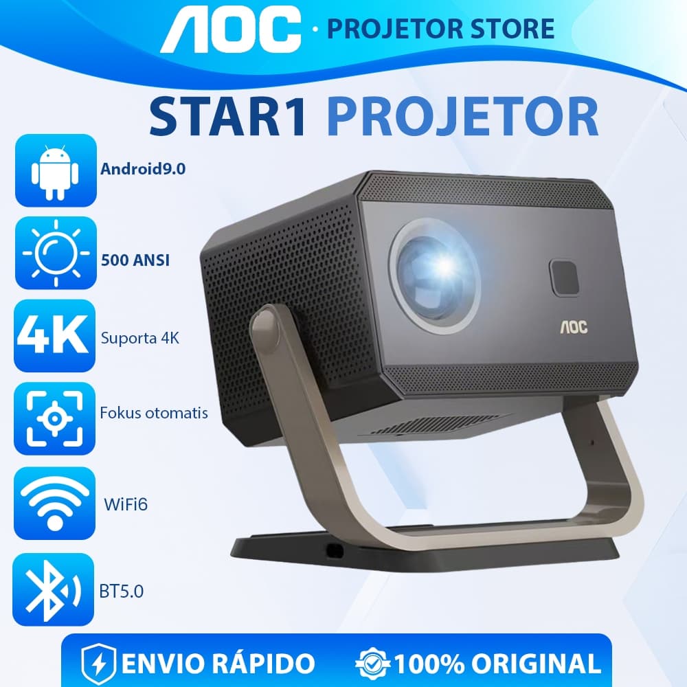 AOC Projetor 4K Smart Android 9 Ultra HD  Wifi Bluetooth Espelhamento Celular LED Home Theater
