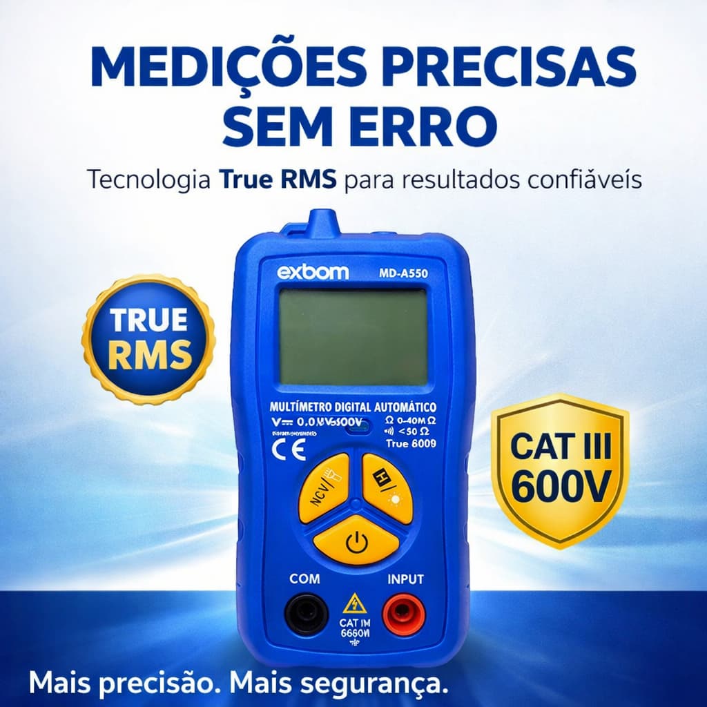 Multímetro Digital Automático True RMS CAT III 600V NCV Profissional Exbom MD-A550