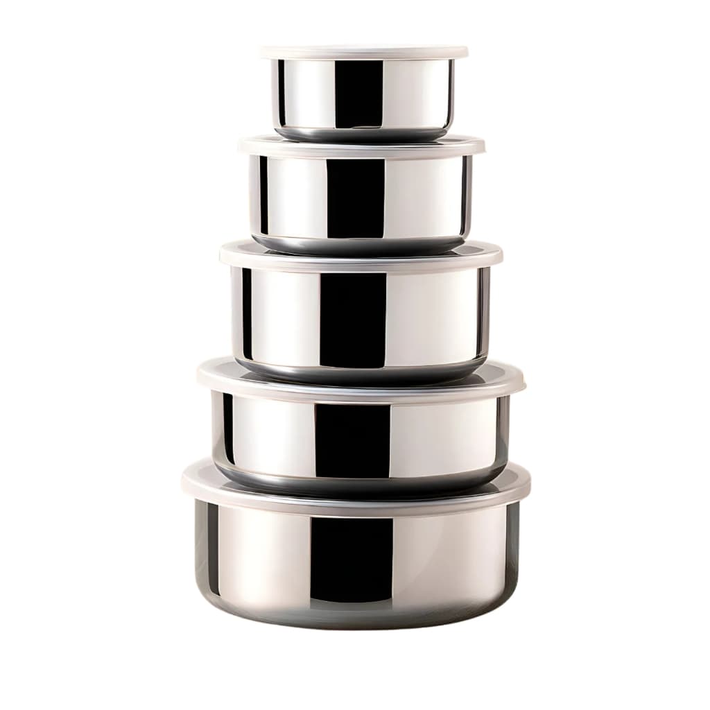 Kit 5 potes Tigelas Inox Com Tampa Potes Redondos 285ml a 1430ml Jogo de Pote Hermético Cozinha