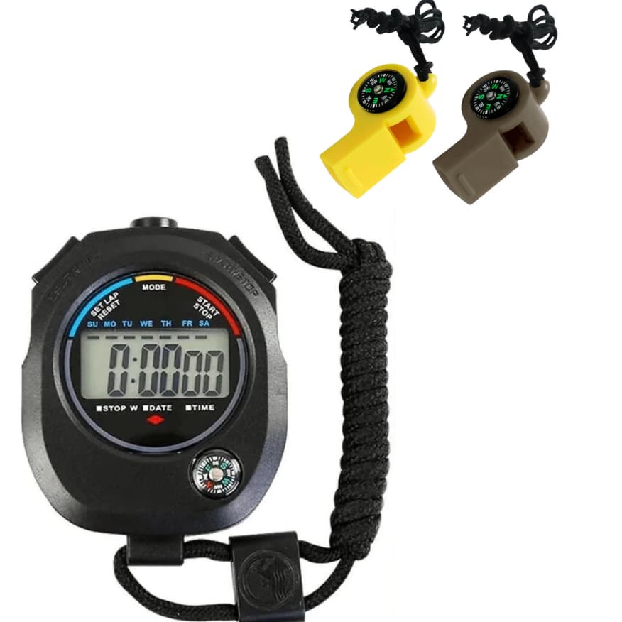 KIT Cronômetro Digital Bussola Relógio Com 1 Apito Bussola Emergencial Esportivo e Camping
