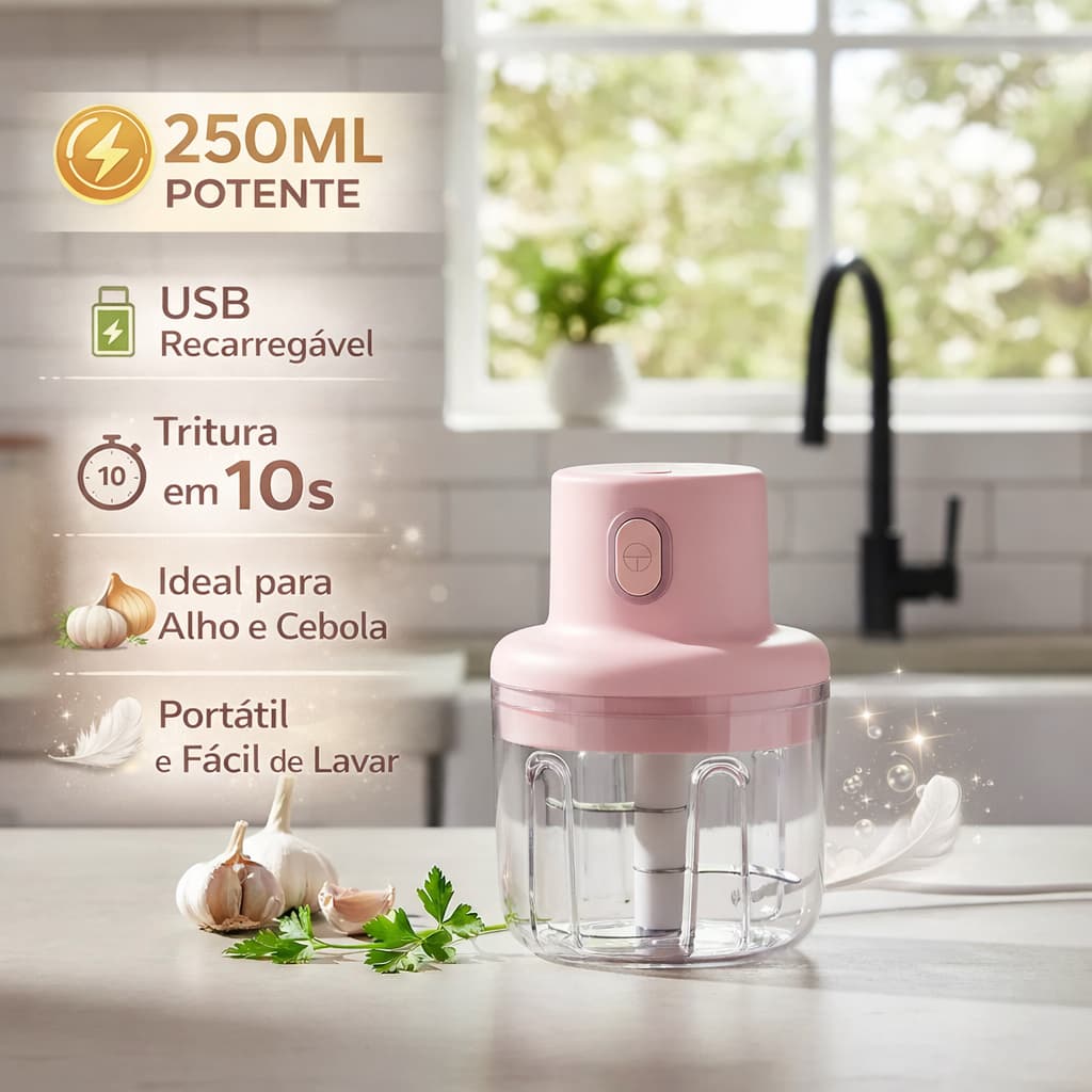 Mini Triturador Elétrico 250ML Recarregável Portátil Processador de Alimentos Alho, Carne e Legumes