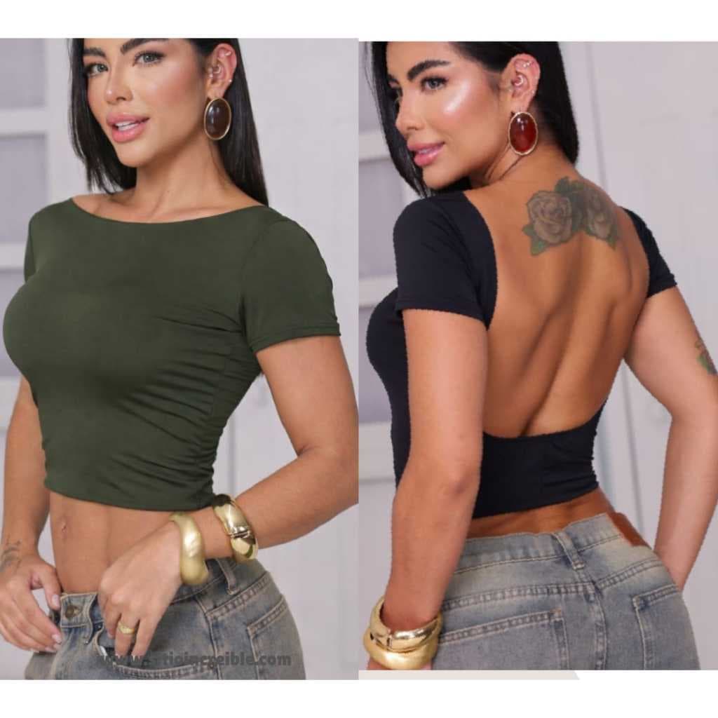 KIT 2 Cropped Costa Nua Manga Curta Feminina Ombro a Ombro Tecido Suplex Duplo Baby Tee Liso Casual