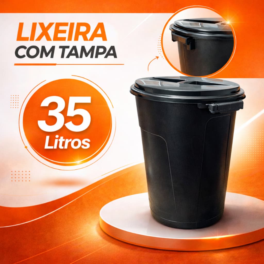 Cesto De Lixo Cozinha Banheiro Lixeira Com Tampa Plástica 35 Litros Preta Polipropileno