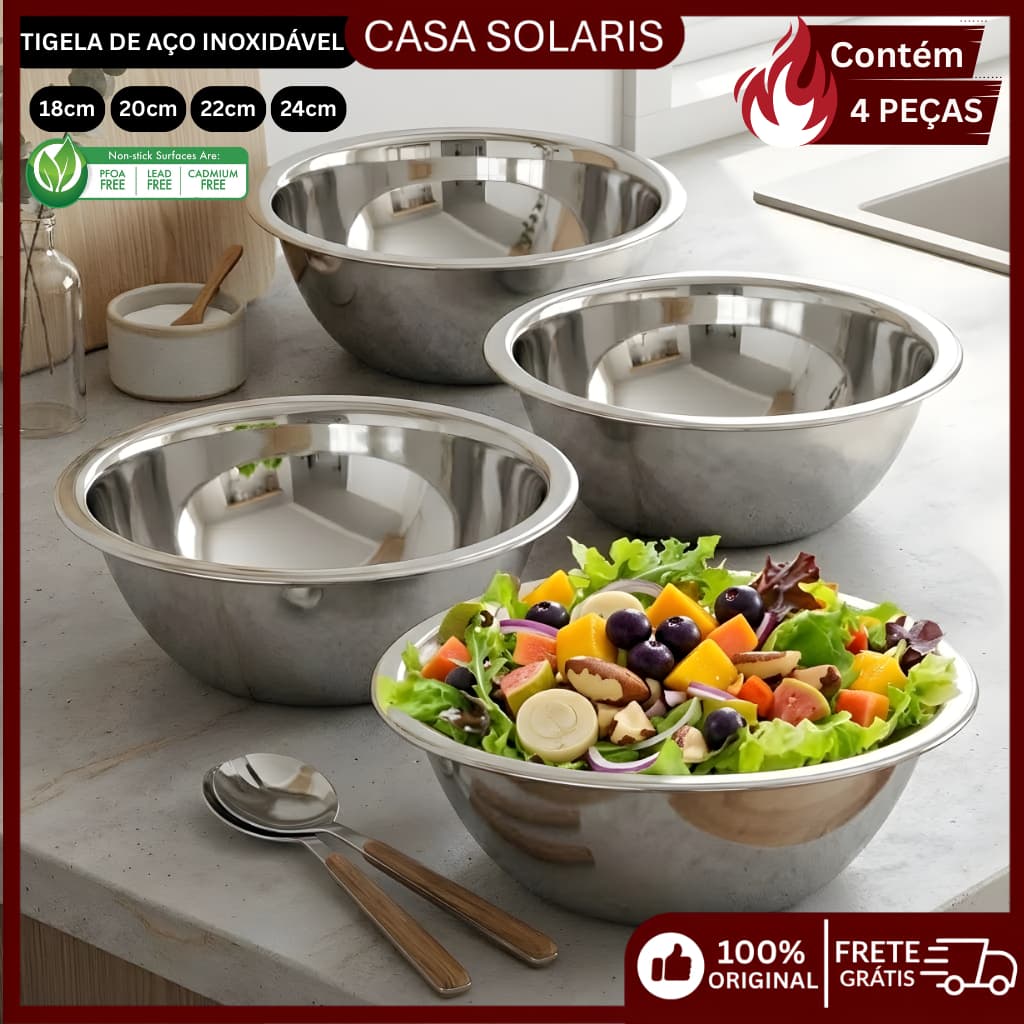 Kit 4 Tigela de Inox Bowls Redonda Para Cozinha Massa Salada Inox Comedouro Pet Multiuso Gourmet