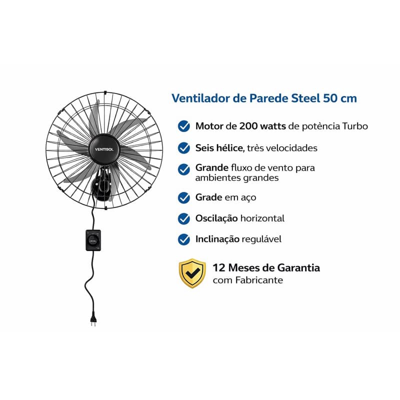 VENTILADOR OSC PAREDE 50CM  STEEL BIVOLT VENTISOL